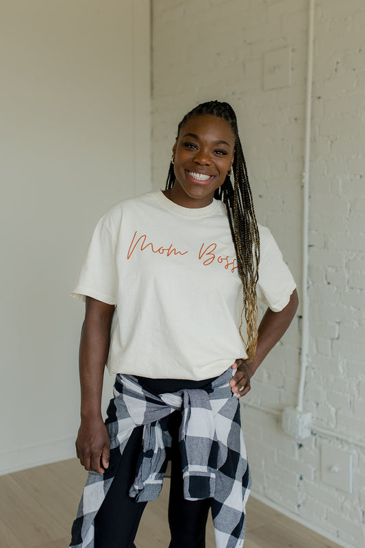 Mom Boss cursive tee-NATURAL PRE ORDER